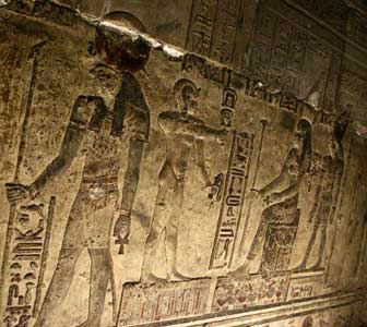 Depictions of Hathor and the sistrum in one of the crypts under the temple of Dendera (copyright Alex Lbh)