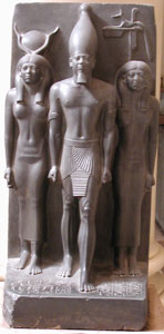 Menkaure with Hathor and the personified nome Anpu (copyright Gerard Ducher)