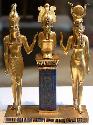 Osiris flanked by Horus and Isis on a pendant bearing the name of King Osorkon II
